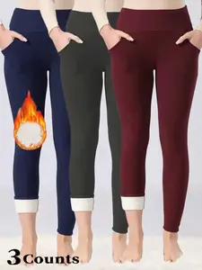Women's Fall Winter High Waist Fleece Lined Leggings, Skinny Yoga Bottoms, Sporty Tight-Fitting Yoga Pants with Pockets, Warm Thick Woven Fabric