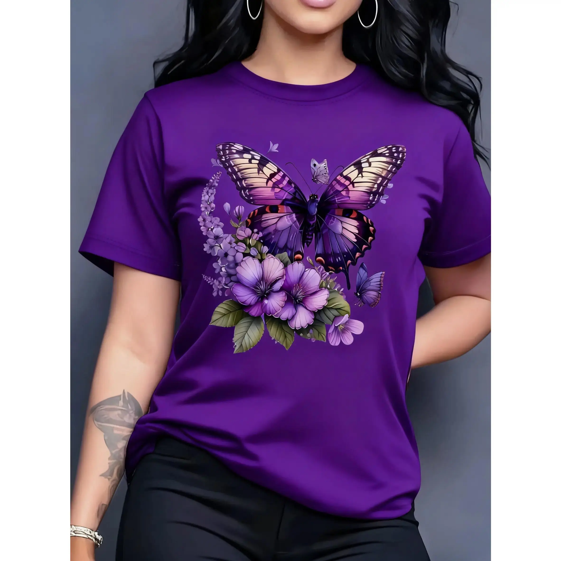 Men's 100% Cotton Round Neck Shortsleeve Top - Menswear, Unisex Classic Fit, Butterfly/Floral/Sunflower Prints, Seamless Sides, Casual Streetwear, Cold Wash, True-To-Size, XXL (220-240 lbs)