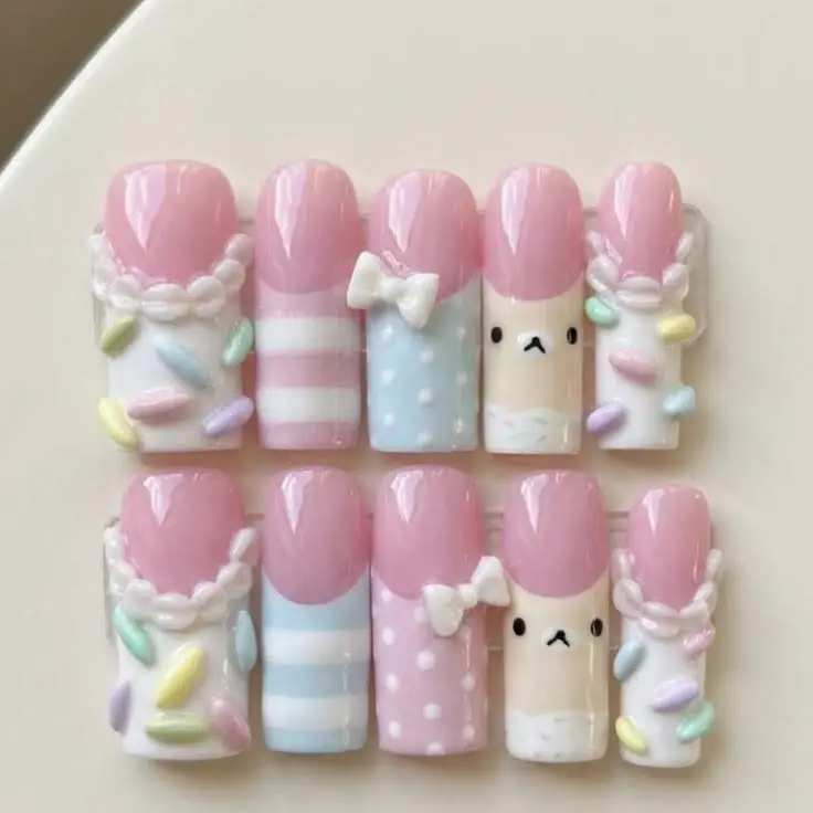 Handmade Press On Fake Nails, Kawaii Pink Pastel Bear Design with 3D Candy Bow, Reusable Nail Art Decoration for Beauty & Personal Care, Handmade Press On Nails