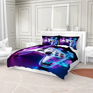 2/3-Piece Cyberpunk Gaming-Themed Bedding Set Neon Skull Gaming Controller Pattern Bedding Perfect for Esports Bedroom Decor Duvet Cover Includes 2 Pillowcases (Inserts Not Included)
