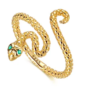 MULA S925 Sterling Silver Gold Plated Snake Ring with Green CZ Eyes, Adjustable Snake Jewelry for Women and Girls, Unique Animal Gift for Birthday, Halloween, Christmas, Party