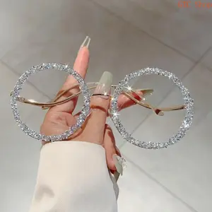 Oversized Round Metal Glasses for Women, Viral Colorful Crystal Decor Trendy Eyewear, High Clarity Comfortable Lightweight Optical Lens, Sleek Minimal Elegant Round Frame Structure, Casual Stylish Daily Wear Fashion Decorative Shades, Party Beach Vacation