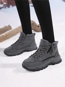 Stylish Women's Snow Boots - White & Gray Fleece-Lined High-Top Boots, Zipper Design, Thick Non-Slip Sole, Keep Feet Toasty for Winter Commutes & Snowy Days