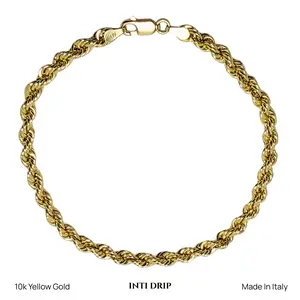 INTI DRIP 10K Yellow Gold Hollow Rope Bracelet 4mm 7/7.5/8 inch Hypoallergenic Durable Made in Italy Genuine 10K Solid Gold Jewelry