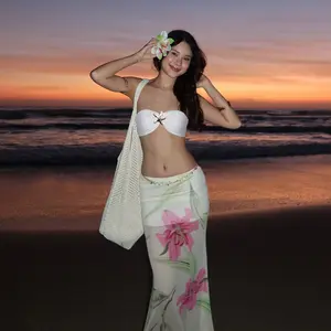 JY25199PFO- Women's Floral Print Skirt with White Top Outfits See-through Bikini Two Pieces Set for Beach Wear with Detachable Flowers