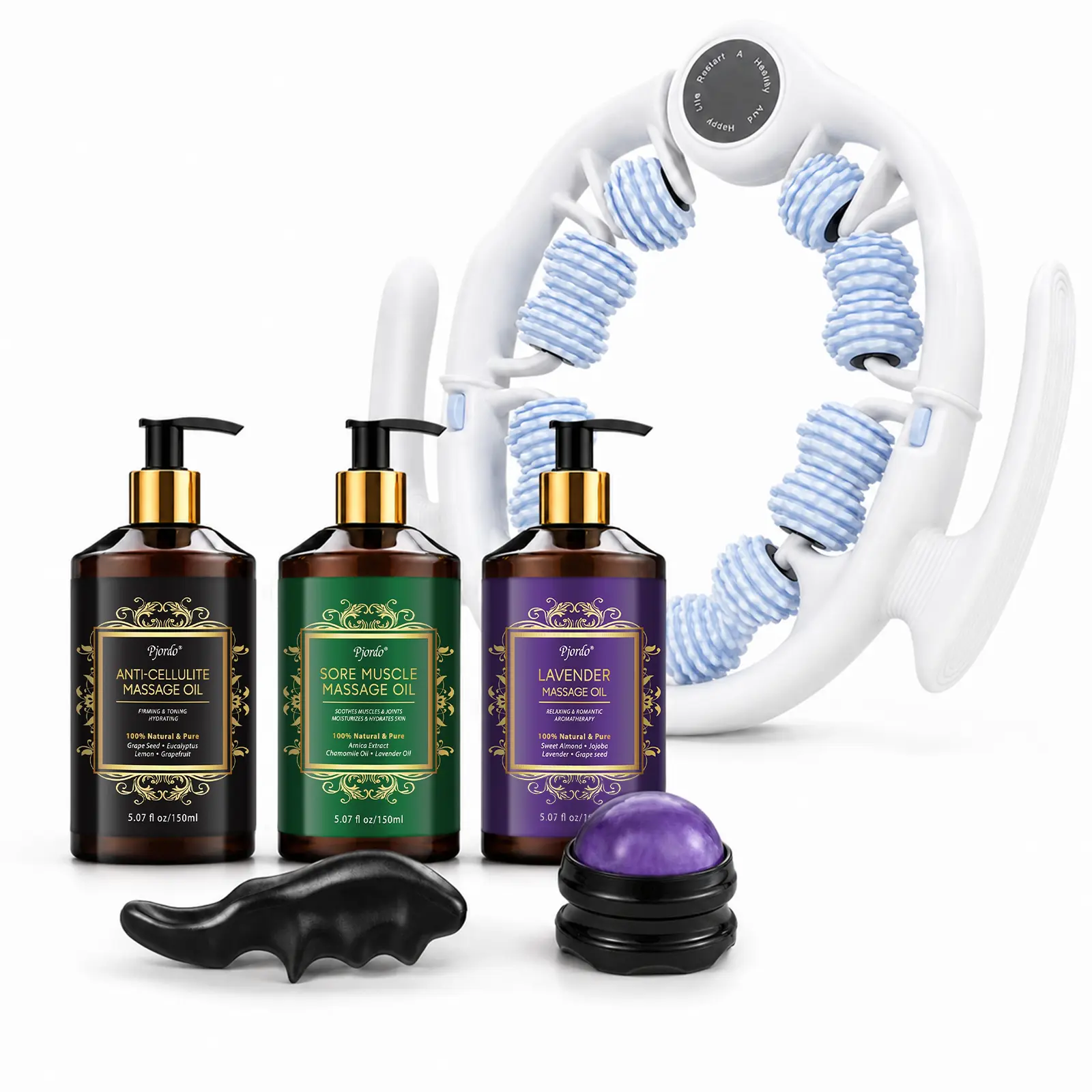 Pjordo-3 Pack 150ml Massage Oil +Body Roller Kit for Relaxation -100% Natural & Organic Ingredients - Body Care & Skin Care