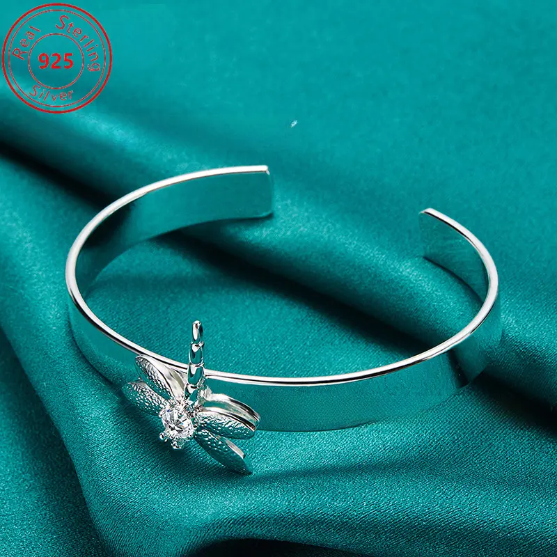 Female 925 Sterling Silver Dragonfly Motif Bracelet - Adjustable Open Cuff with Zircon Charm, 34g Adjustable Size, Elegant All-Seasons Daily Wear Fashion Jewelry Gift