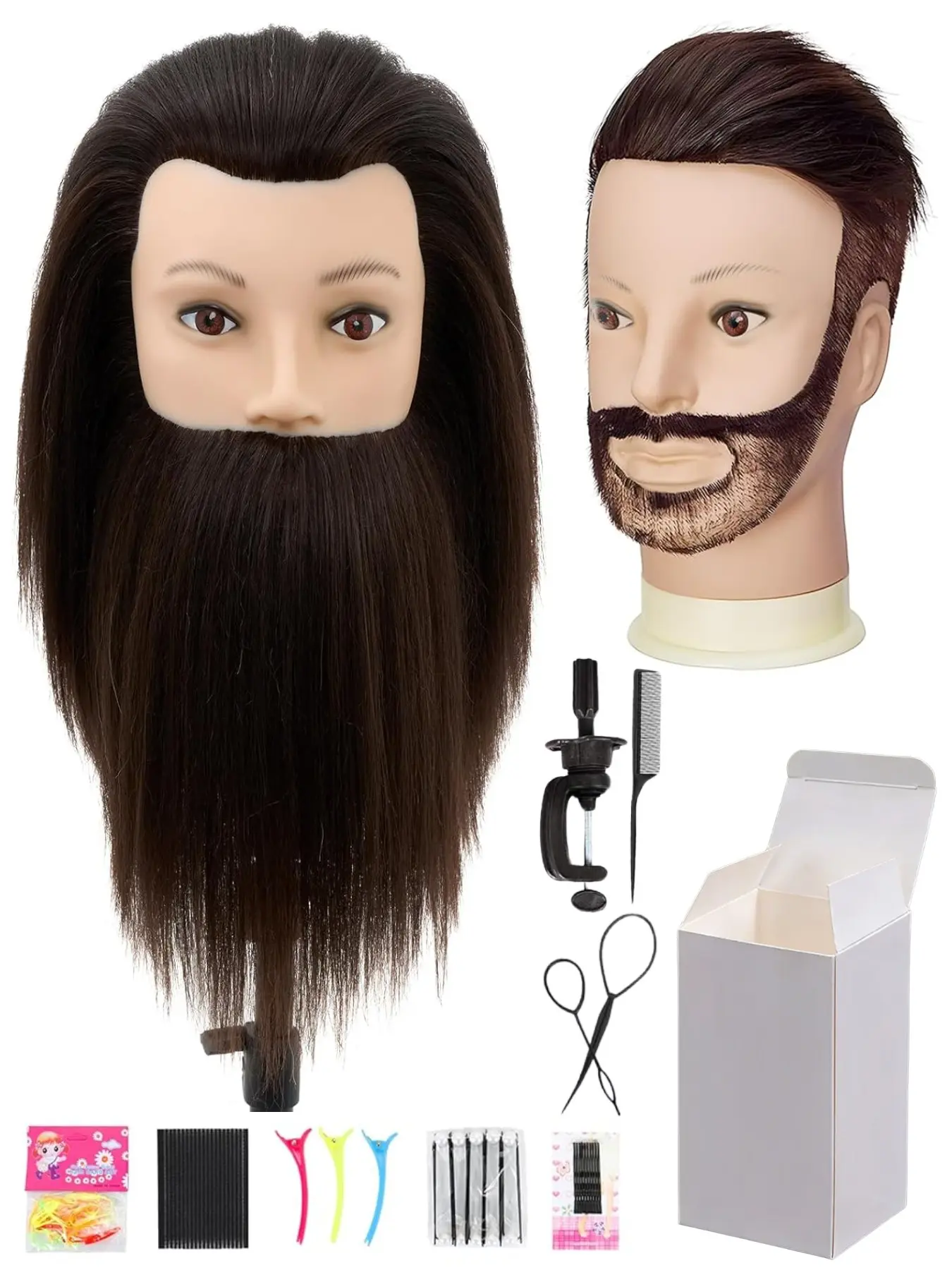 Male Mannequin Head with 100% Human Hair Haircut Training Head with Thick Hair Hairdresser Manikin Head Doll Head for Hair Styling and Practice Handsome Face Adult beard style Hairdressing Tools Training Equipment