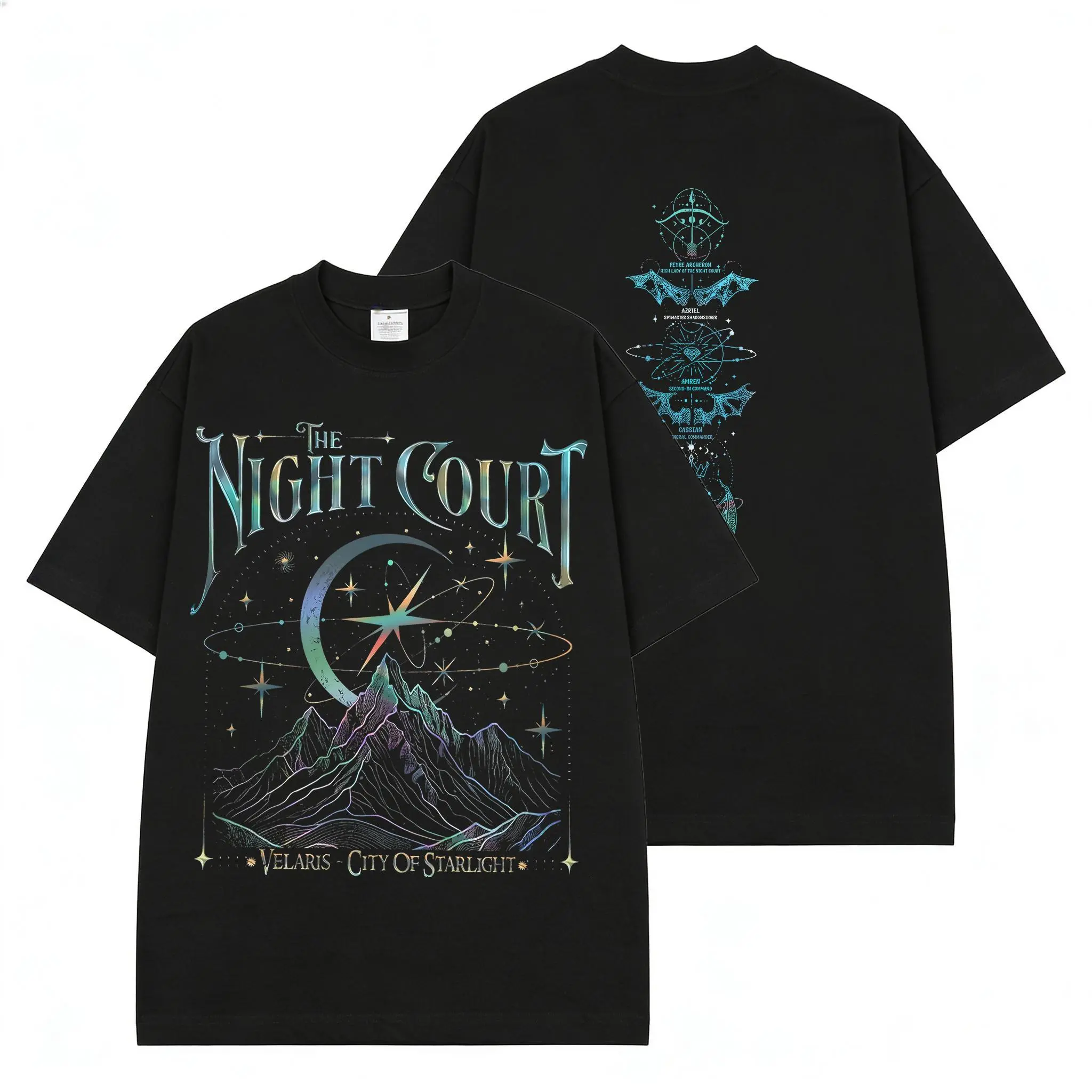 Women's Classic Soft Cotton Round Neck Short-Sleeve 2-Sided ACOTAR Graphic T-Shirt - Velaris Night Court, Court Of Dreams, Inner Circle, Sarah J Maas Fan Merch, Booktok Gift, Hoodie-Inspired, Casual, Gym Wear Top