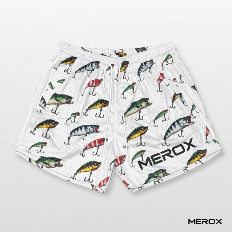 MEROX Fishing Lure Themed Mesh Gym Shorts - 5-in Inseam Outdoor Sports Shorts with Graphic Design, Zipper Pockets, Breathable Fabric, Lightweight Build, Breathable Sport Shorts