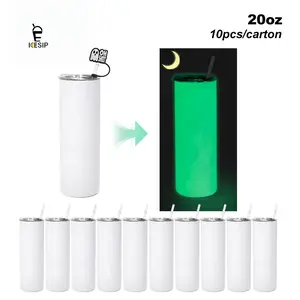 UVDTF 20 OZ straight skinny Sublimation GLOW TO DARK GREEN Glowing Skinny Tumbler with UV Stickers and Silicone Topper Cover For DlY GlFT Halloween Party decor DlY gift