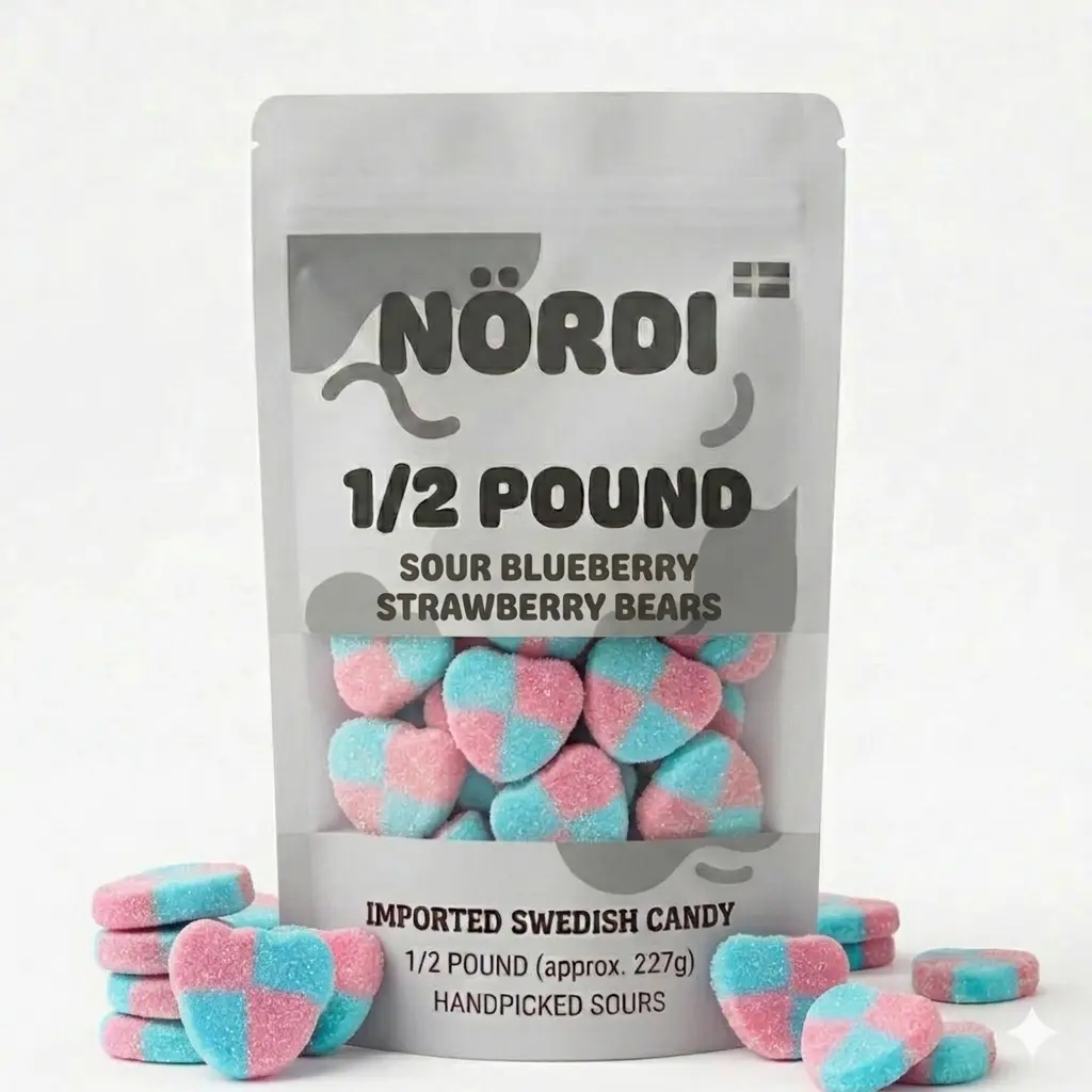 NORDI Sour Blueberry Strawberry Fruit Bears - Swedish-Style Premium Sweet & Sour Chewy Candy - 0.5 lb Imported Snack Bag from Sweden