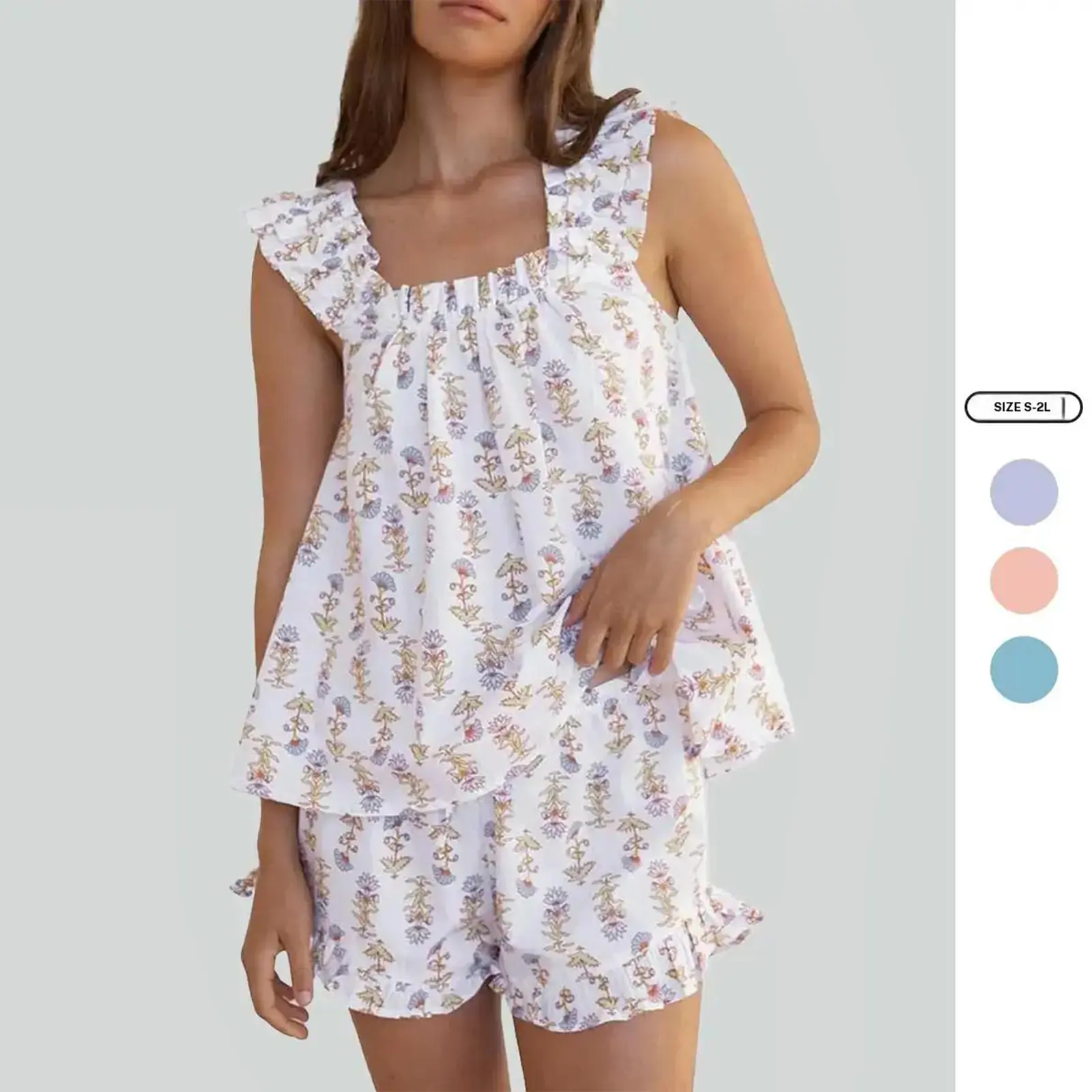 Imily Bela Womens Floral Print Pajama Sets Ruffle Trim Cami and Casual Shorts 2 Piece Lounge Set PJ Fashionable Comfortable