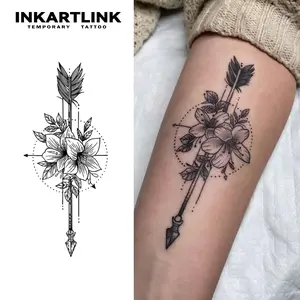 INKARTLINK Tattoo Tech, 2 Sheets Large Semi Permanent Tattoo, Adult Art Design Temporary Tattoos, Lasts 1-2 Weeks, Waterproof, Realistic Look, No Adhesive, No Reflection (Flower and Arrow Design)