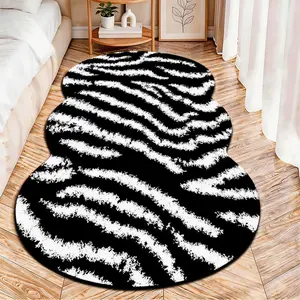 2D Flat velvet irregular rug with black white zebra print pattern, machine washable non-slip carpet for bedroom, all seasons & holiday decor, durable & easy to clean.