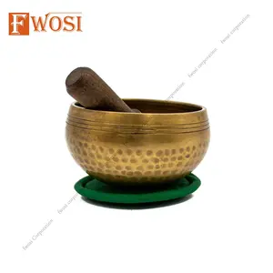 Gold and Green Antique Tibetan Spiritual Singing Bowl with Mallet Percussion Instrument