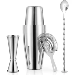 X Home Cocktail Shaker Set, Professional 4-Piece Bartender Kit with Boston Shaker, Hawthorne Strainer, Double Measuring Cocktail Jigger, and 10-Inch Mixing Spoon, Bartender'S Choice X Home