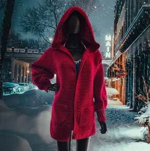 Red Crochet Cardigan with Pockets and Hood - Cozy Winter Wear for Women L/XL