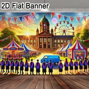 2D flat banner, 1pcGraduation Ceremony & Fair Backdrop, Union Jack Bunting, Ferris Wheel & Carousel Decorations for National Festive Event Party Decor