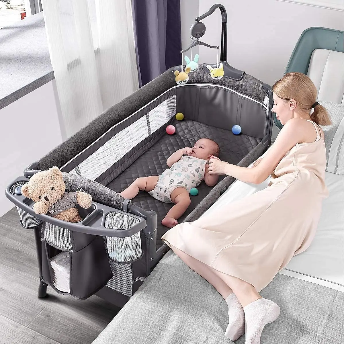 BabyBond Baby Bassinet Bedside Crib, Pack and Play, Diaper Changer, Music Mobile, Bedside Sleeper for Newborns and Infants, Grey