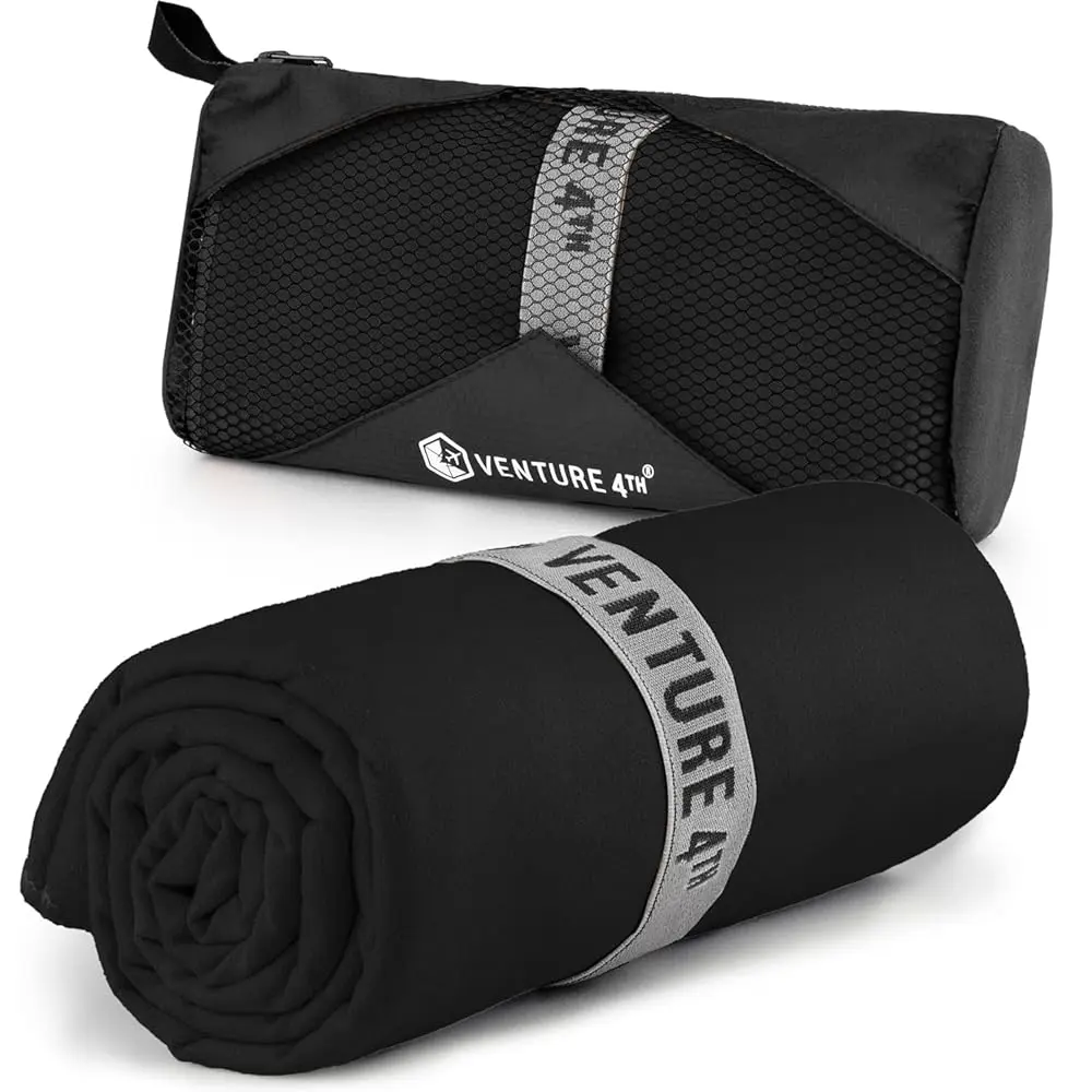 Venture 4th Microfiber Travel Towel for Camping, Hiking, Sports - Quick Dry, Lightweight, Compact - Black Medium