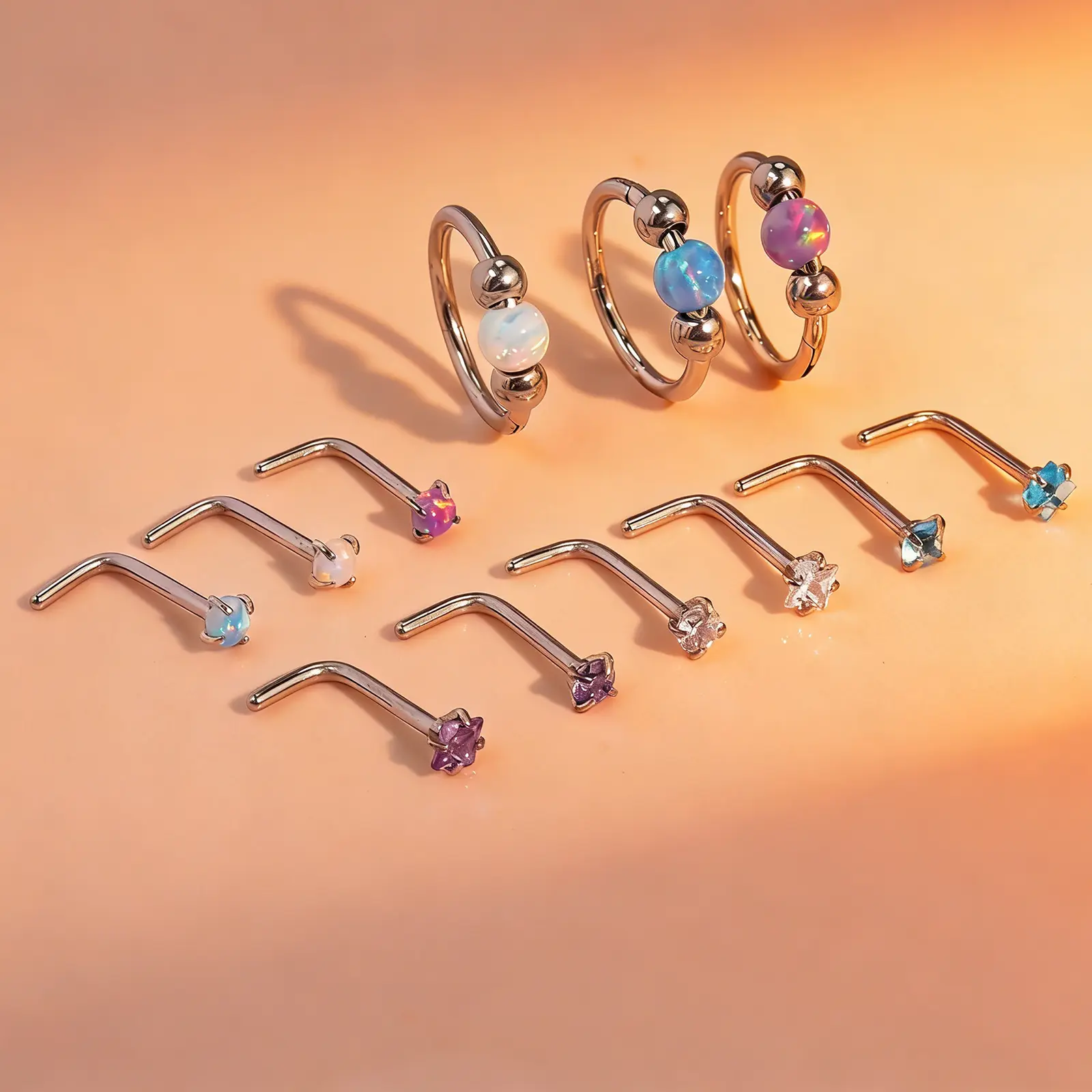 4PCs Opal Nose Rings Hoop and L-Shaped Nose Studs Set for Women Men,Hypoallergenic 316L Surgical Stainless seam rings piercing Segment Piercing Jewelry Helix Cartilage Daith Tragus Sleeper Earrings unisex adjustable, Cartilage Helix Piercing, Hinged Nose