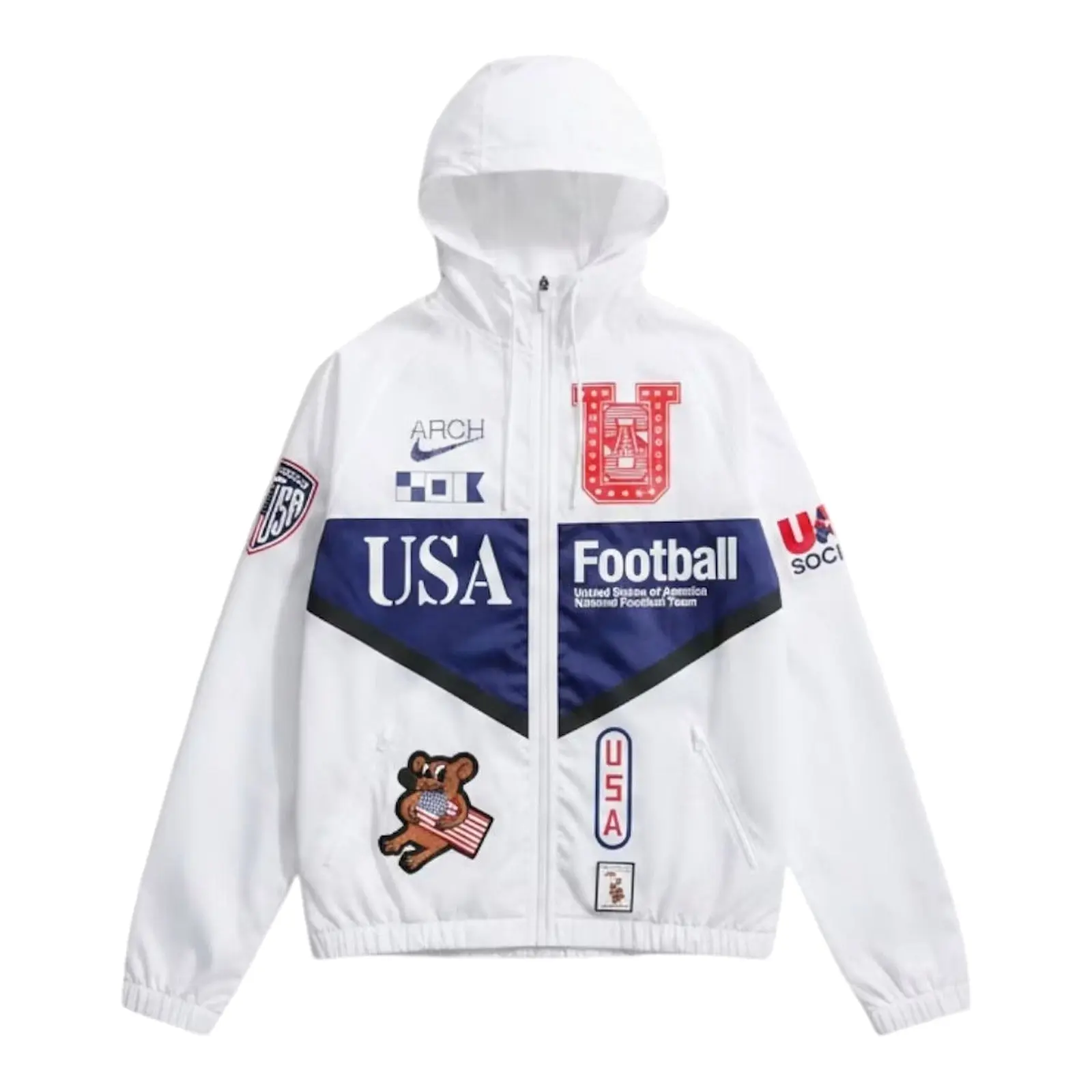 Nike x USMNT x V.A.A. Unisex Anthem Jacket - White, Long Sleeve, Sports Outerwear, USA Football, 100% Authenticity Guaranteed, Authentic Piece, Arch Text, Men's World Cup Fan Sportswear Coat, Football Fashion, Men/Women, Long Sleeve Shirt, Brand New & Ori