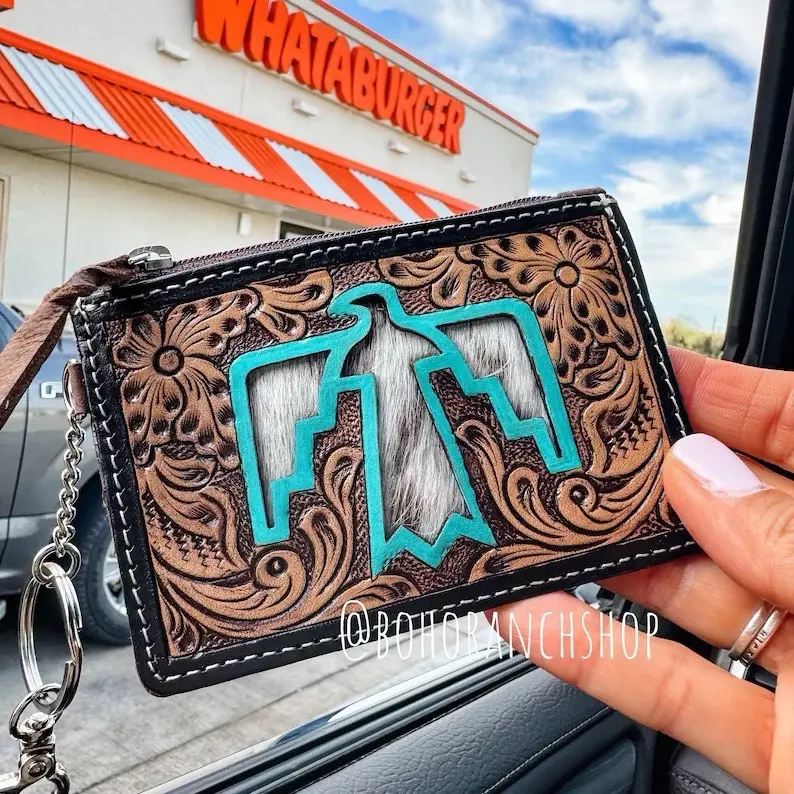 Longhorn Thunderbird BROWN Leather Cowhide keychain Wallet - credit cards money cash