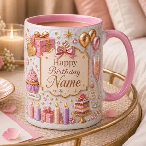 Custom Birthday Mug 2D Printed 3D Effect Cute Cake Balloon Graphics Ceramic Cup for Women Girls Bday Celebration Keepsake Gift