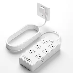 Surge Protector Power Strip with 5 Ft Thin Flat Extension Cord, 12 AC Outlets, 6 USB Ports, Compact Wall Mount, White/Black, 18-IN-1 Design, Fireproof PC + PVC, 5ft Flat Braided Cord, 1-Year Warranty - Retractable Cables
