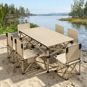 Yellow foldable picnic table with adjustable height, portable roll-up folding table