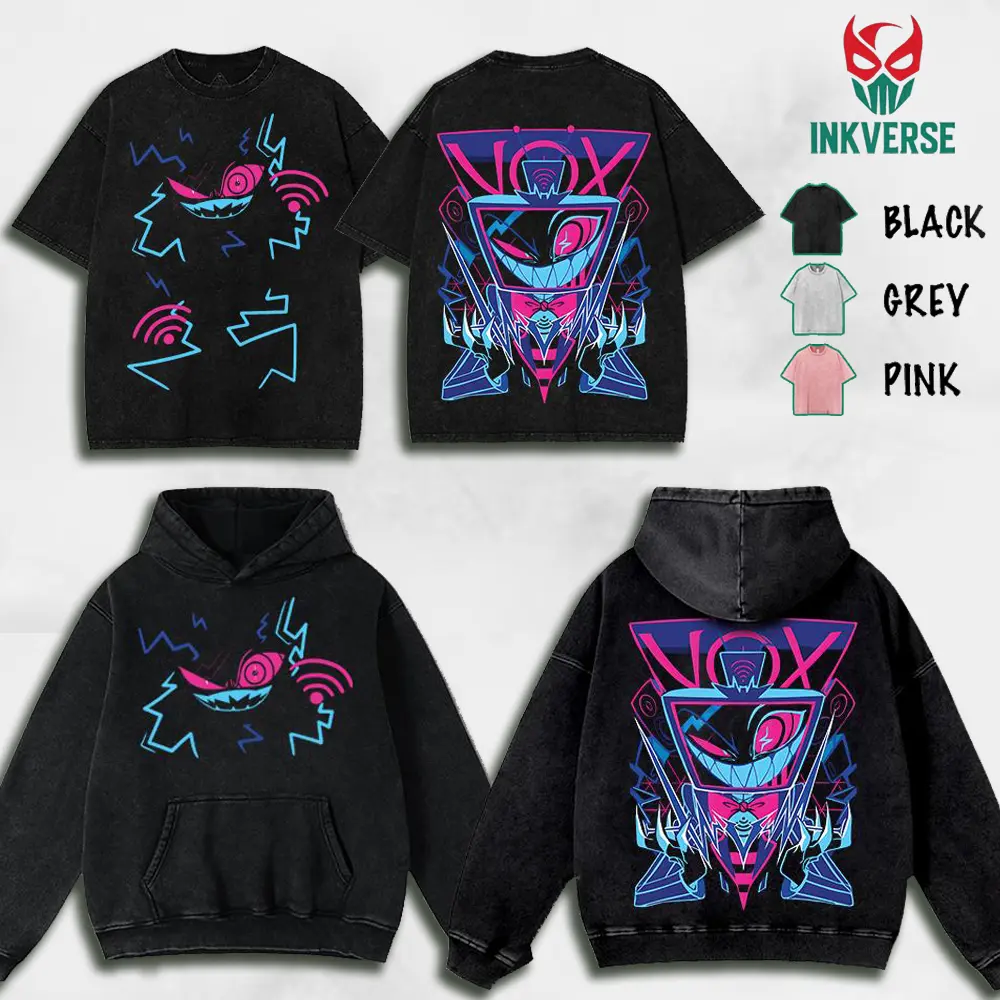 VOX Hazbin Hotel Wash T-Shirt,Hoodie,Sweatshirt Hazbin Washed Shirt, Comic Shirt, TV Show Shirt graphic tees Menswear Top Cotton Fabric lover streetwear