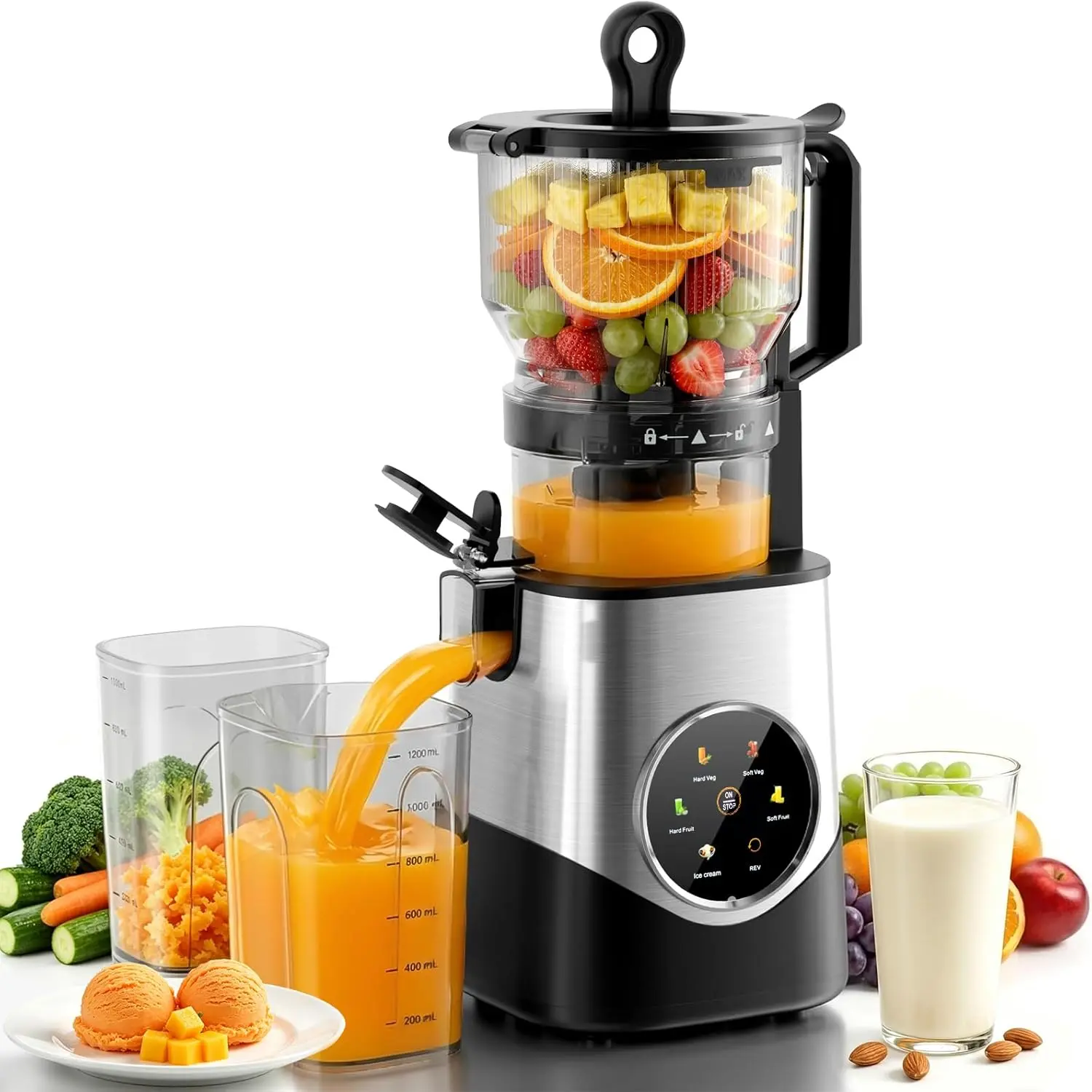 Kismile 3-in-1 Cold Press Masticating Feed Chute Juicer - 6.1" Extra Large Chute, Touch Screen Color Menu with 5 Modes, High Yield, BPA-Free, Easy to Clean Fruit Vegetable Juicer for Sorbet, Nut Milk
