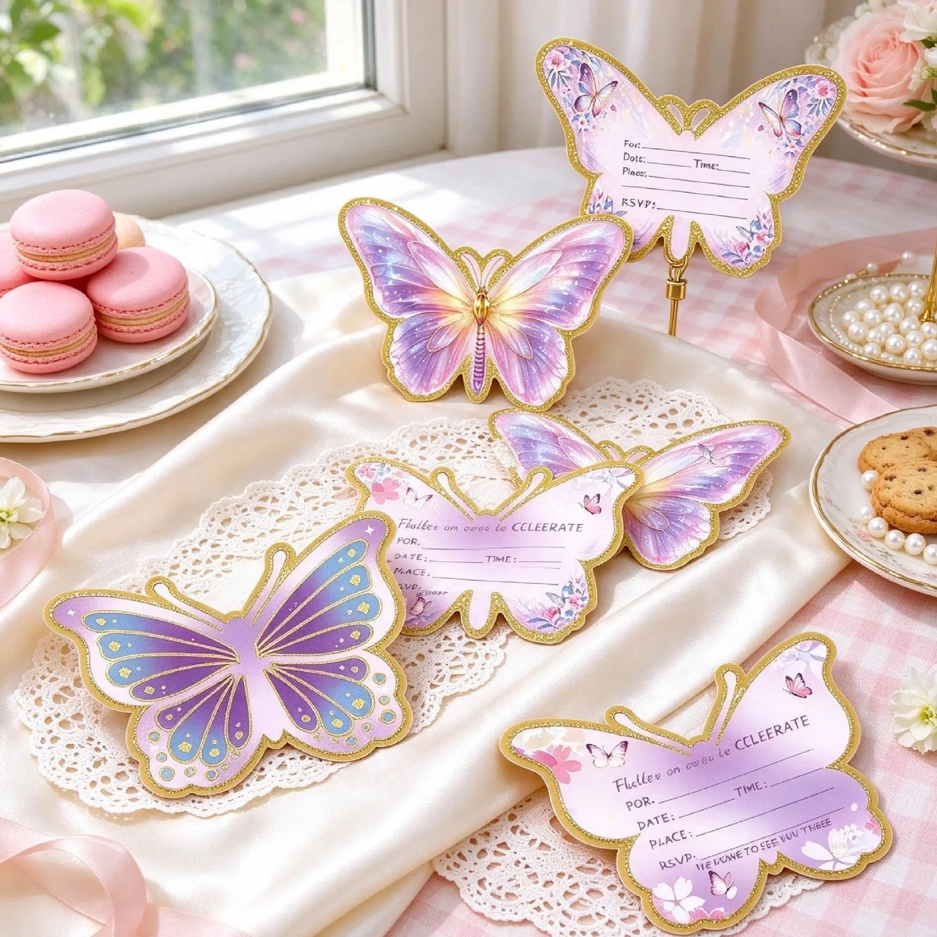 Butterfly Shaped Invitation Cards Set, Glitter Gold Edge Pink Purple Butterfly Party Invites with Envelopes & Butterfly Stickers, Girl Princess Birthday & Christmas Party Supplies