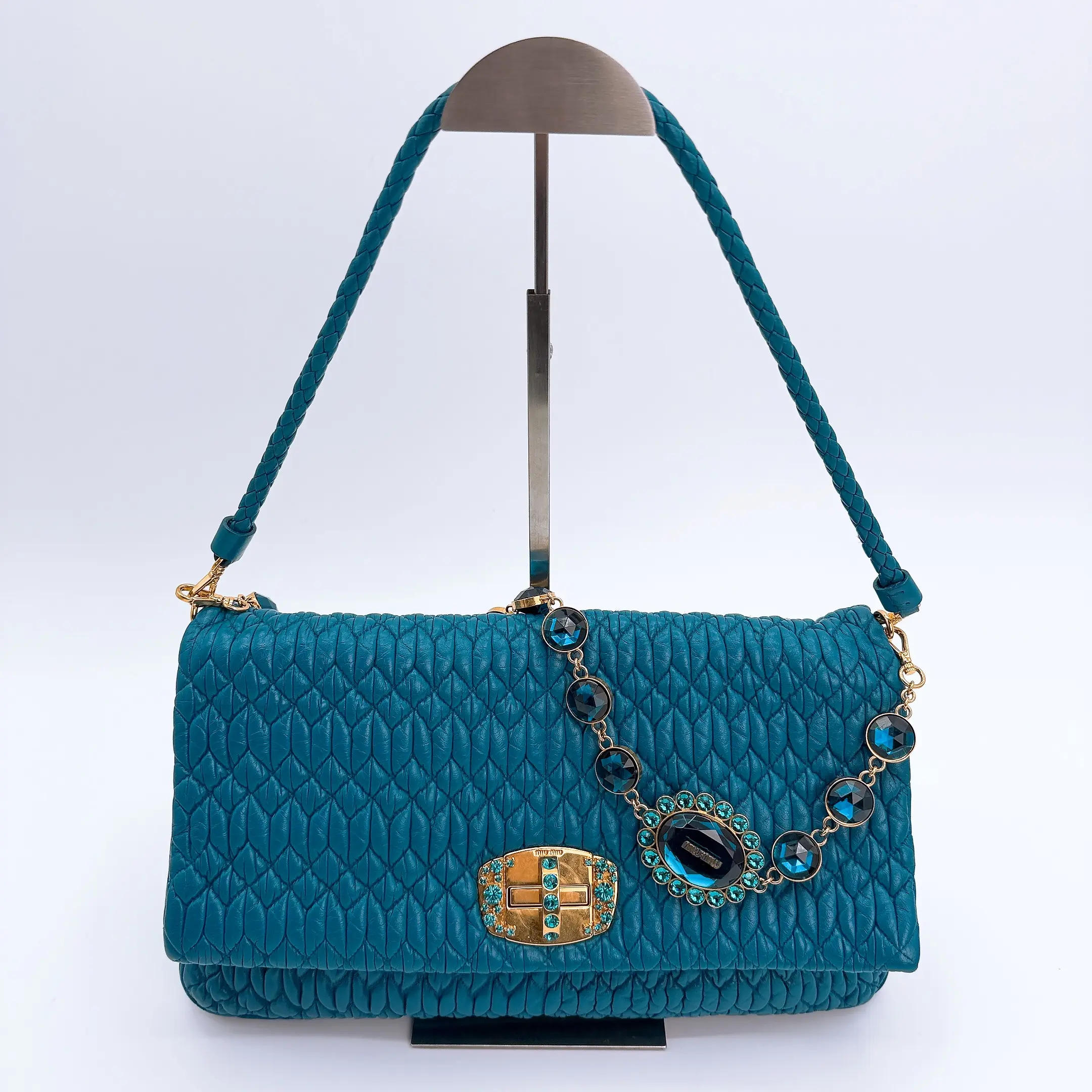 Miu Miu Blue Matelassé Leather Crystal Flap Shoulder Bag