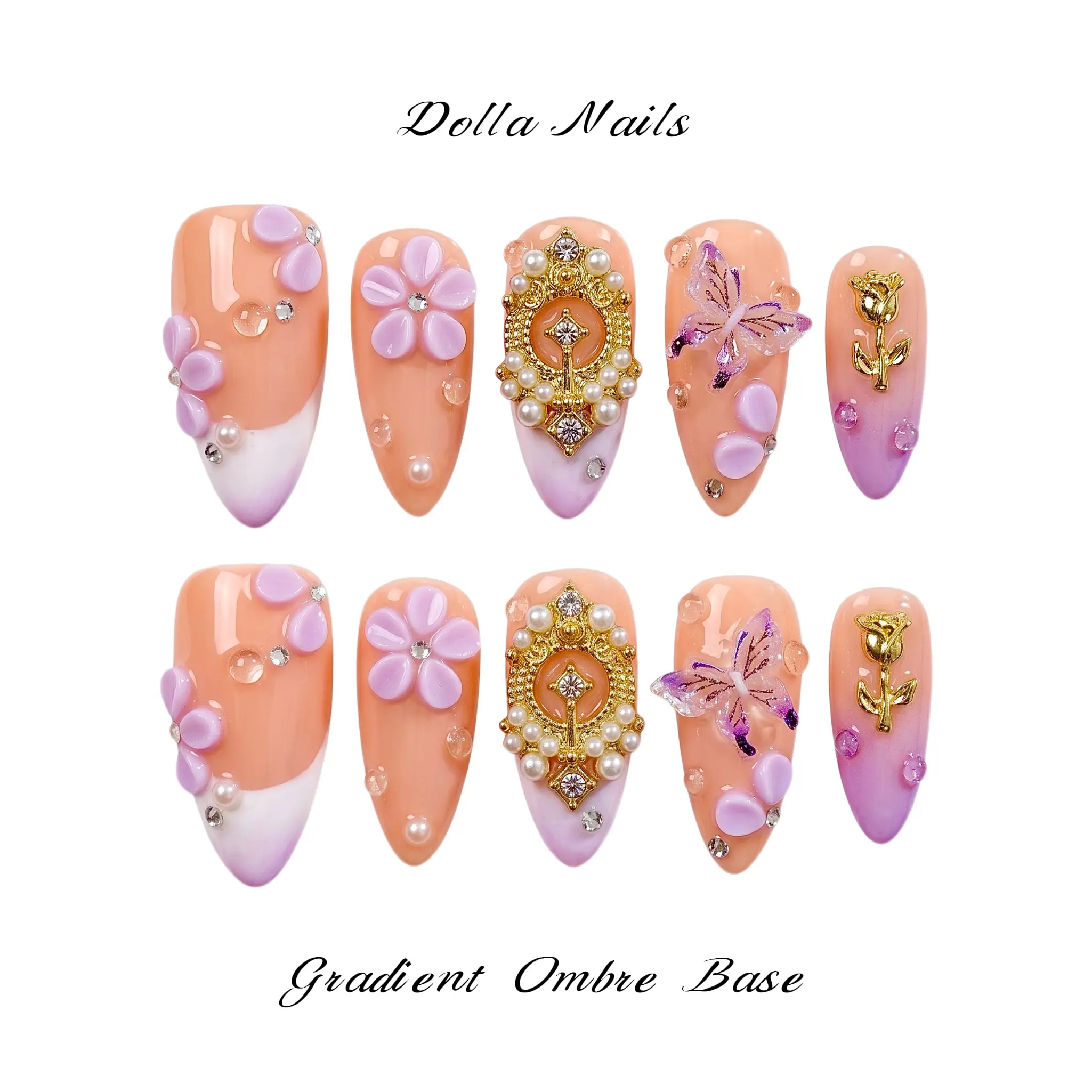 Dolla Nails 100% Handmade 3D Almond French Tip Press-On Nails, Gradient Ombre Base Soft Girl Aesthetic Pastel Style,Reusable Salon-Quality Spring Vacation Nails Manicure for Daily,Long-Lasting，Glossy Design Acrylic Gel System