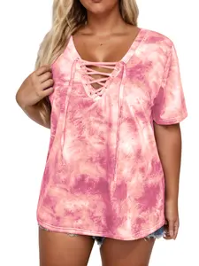 ROSRISS [1-5XL] Womens Plus Size Summer Tops Casual Lace Up Front T Shirts Tie Dye V Neck Tees Trendy Short Sleeve Tunics VPS0187 Soft Chic Womenswear
