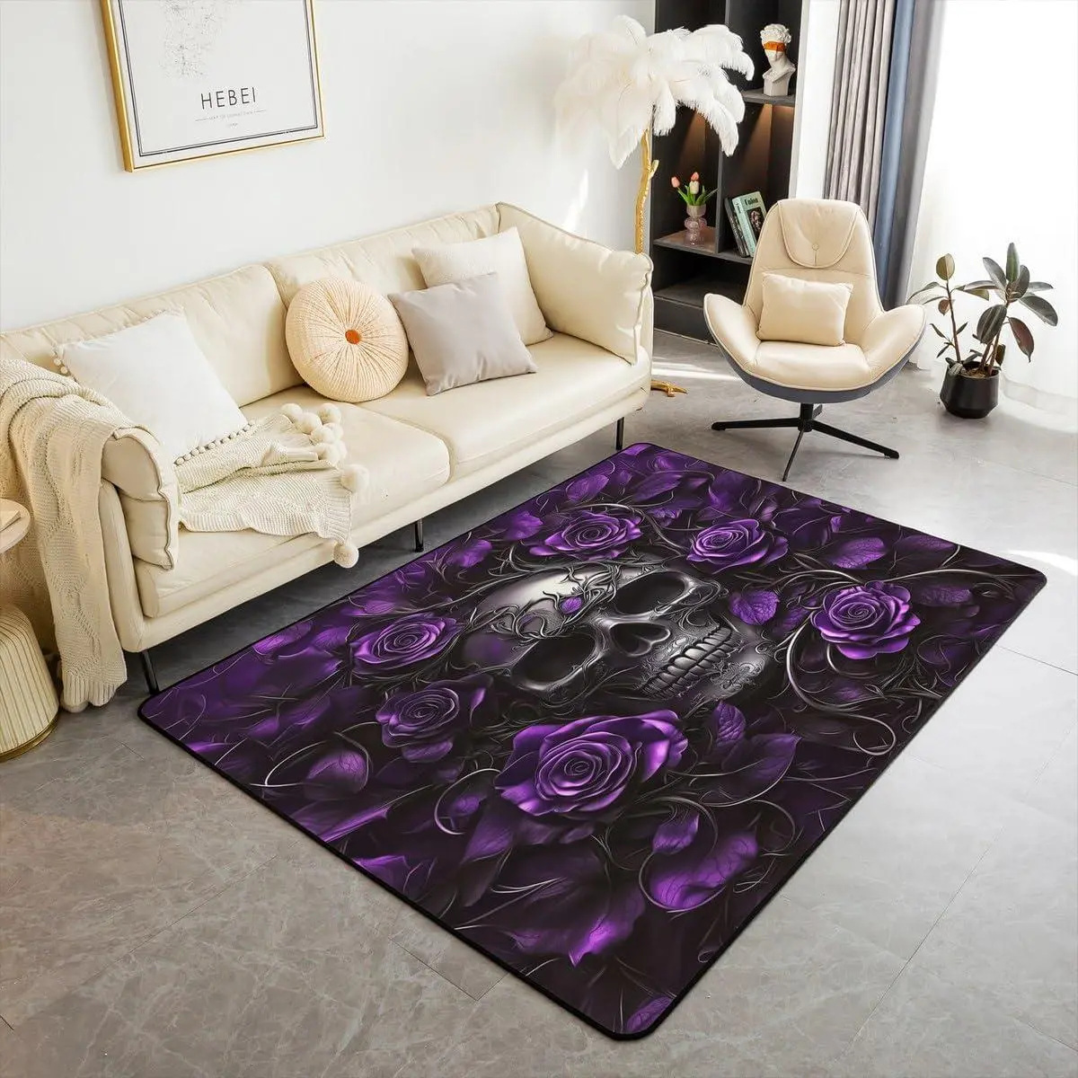 Sugar Skull Area Rug ,Purple Rose Floral Carpet for Kids Boys Girls Teens Adults,Gothic Skeleton Indoor Floor Mat,Exothic Hippie Horror Decorative Washable Rug