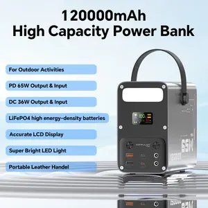 KONFULON Power Bank 120000mAh High Capacity LiFePO4 Batteries Power Station 444WH Generator PD 65W Fast Charging  DC 36W 12V/3A Output Battery Bank Bright LED Light & Portable Leather Handel for iPhone 17 Pro Max , Samsung, iPad,MacBook,Laptop & Camping