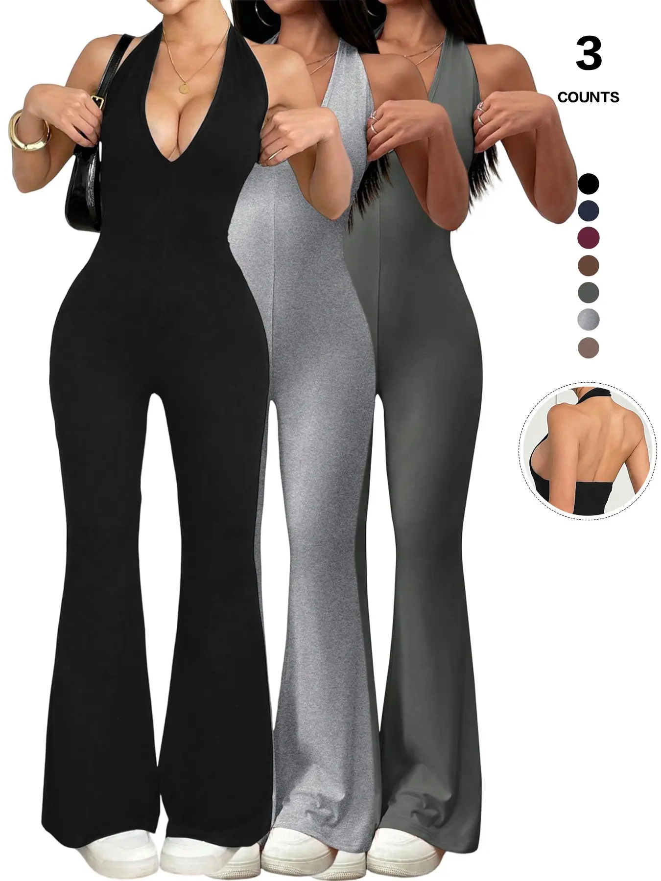 Women Sexy Chic Halter Deep V Neck Bodycon Jumpsuit, Sleeveless One Piece Romper, Fitted Style, Everyday All Seasons Fashion