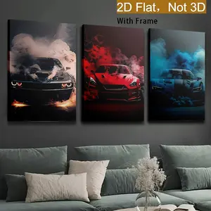 2D Flat, 3-Piece Vintage Supercar Wall Art Print Set - Framed, Suitable for Bedroom, Living Room, Office Decoration, Perfect Room Decor, Framed, 2D Flat