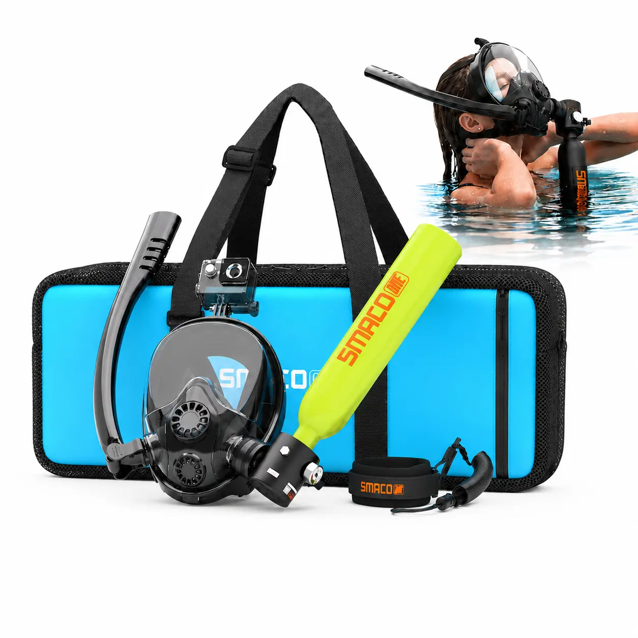 SMACO 0.5L Mini Scuba Tank With Full Face Snorkel Mask Kit Portable DOT Certified Reusable Diving Cylinder 6061 Aluminum Pony Bottle 180 Degree View Camera Mount For Summer Beach Vacation Pool Snorkeling And Underwater Photography