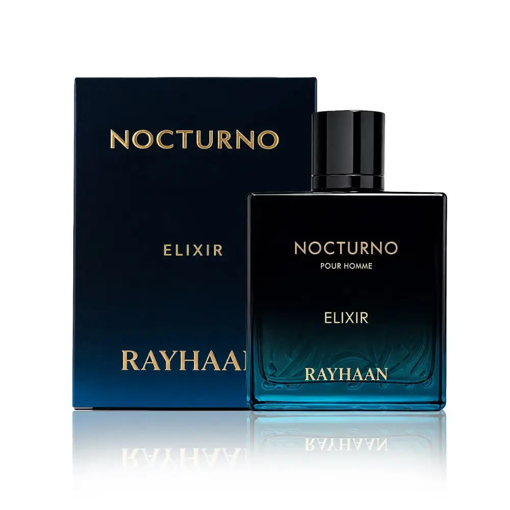Rayhaan Nocturno Elixir For Him Eau de Parfum 3.4 oz | Amber Woody Men's Fragrance with Sandalwood, Labdanum & Warm Amber | Long-Lasting Cologne