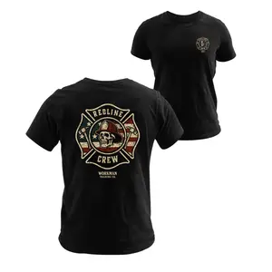 REDLINE CREW Short-Sleeve Round Neck Casual Firefighter Skull Maltese Cross American Flag T-Shirt - First Responder Hero Patriotic Graphic Top for Blue Collar Everyday Outfits