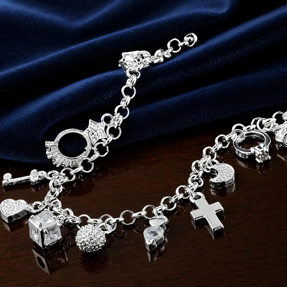 Women’s 925 Sterling Silver Bohemian charm bracelet with heart key pendant and 13 charms, sparkling statement jewelry, romantic gift for wife or girlfriend