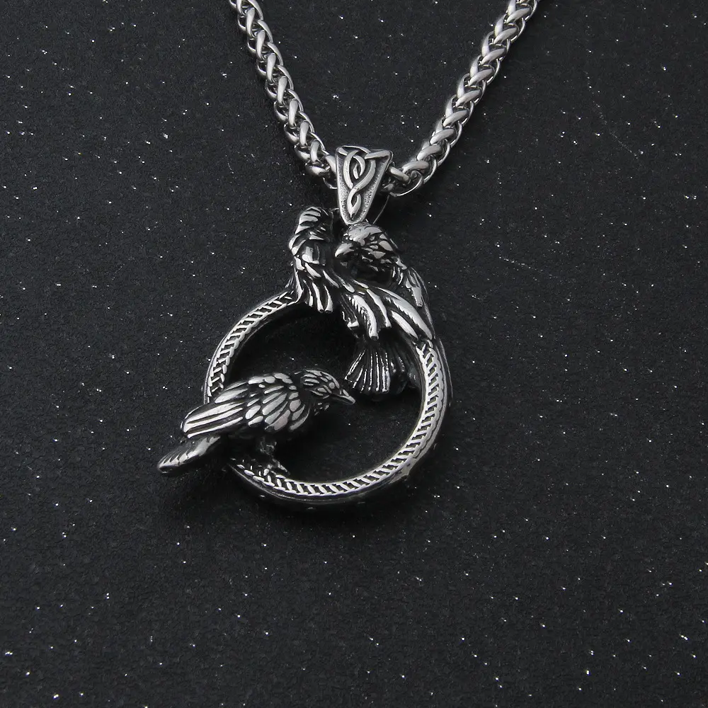 Nordic Mythology Odin Huginn And Muninn Pendant Necklace Viking Raven Necklace Stainless Steel Never Fade With Wooden Box