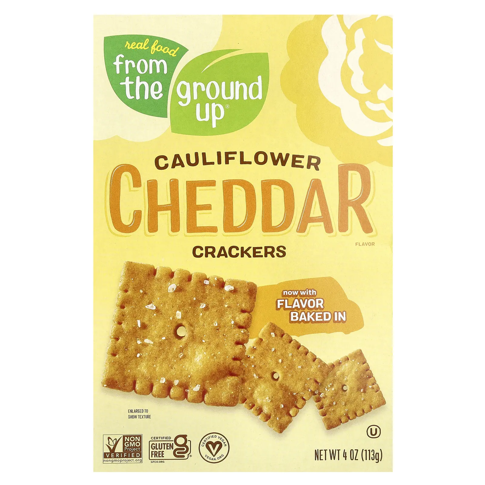 From The Ground Up Cauliflower Crackers, Cheddar, 4 oz (113 g) From The Ground Up Cauliflower Crackers, Cheddar, 4 oz (113 g)