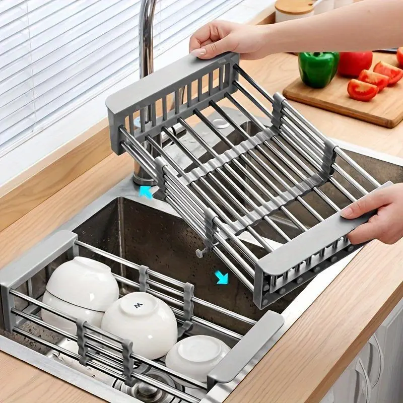 1pc Drain Rack, Telescopic Draning Basket, Kitchen Basket, Home Dish Rack, Retractable Sink Shelf, Adjustable Dish Drainer, Suitable For Rectangular Sink