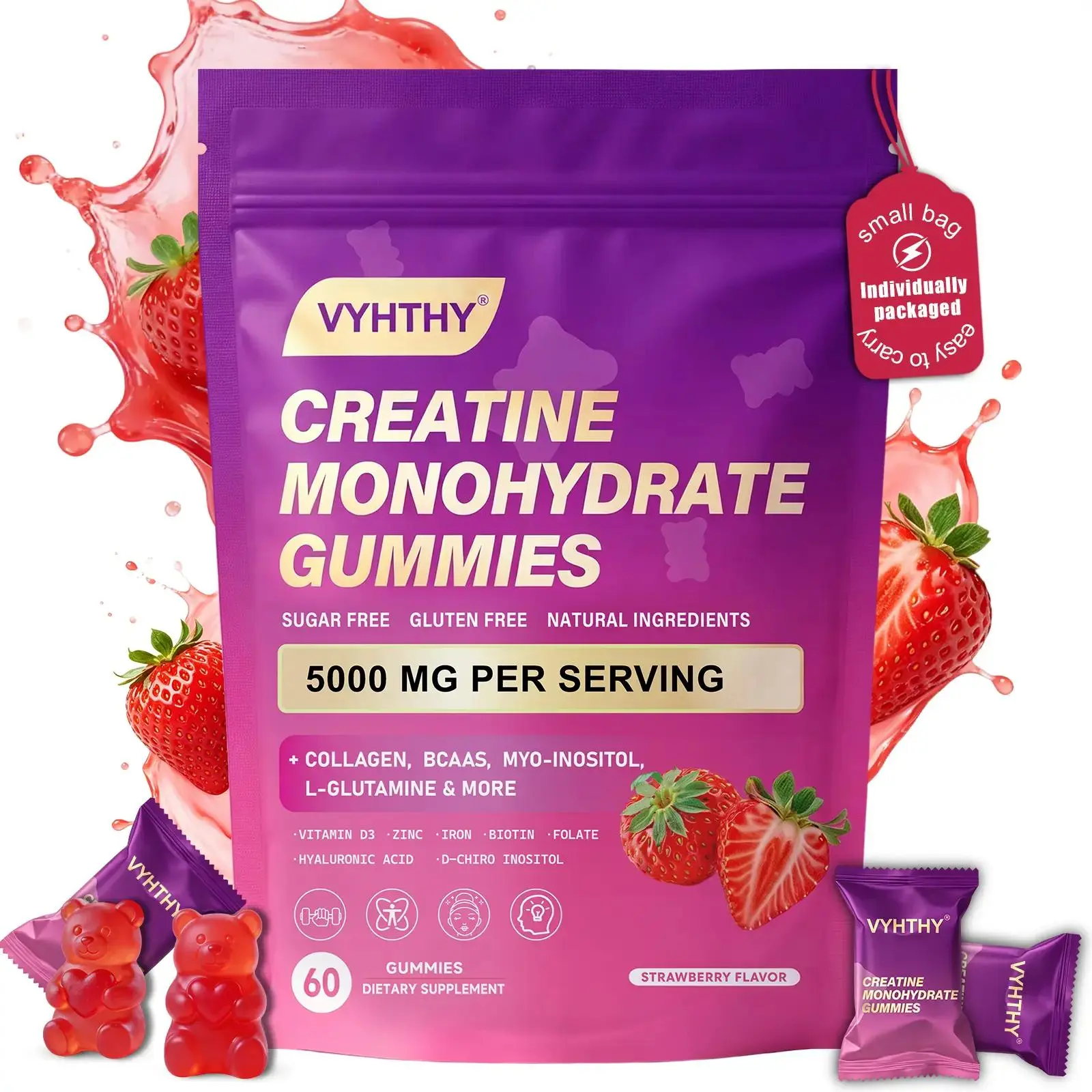 VYHTHY Clean Creatine-Infused Strawberry Gummy Mix Dietary Supplement - Sugar-Free, Collagen-Boosting, Hyaluronic Acid, Biotin, Zinc, Folic Acid for Fitness, Healthcare (Creatine for Women)