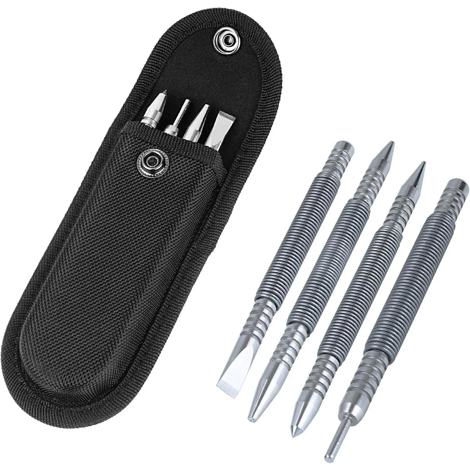 Carbon Steel 4-Piece Multi-Size Hand Tools Set - Dual-Function Center Punch, Hammerless Impact Chisel, Hinge Pin Remover with Setter (1/16-in to 5-3/8-in) for Marking Metal, Rivet Removal (Punches + Chisel for Workers)
